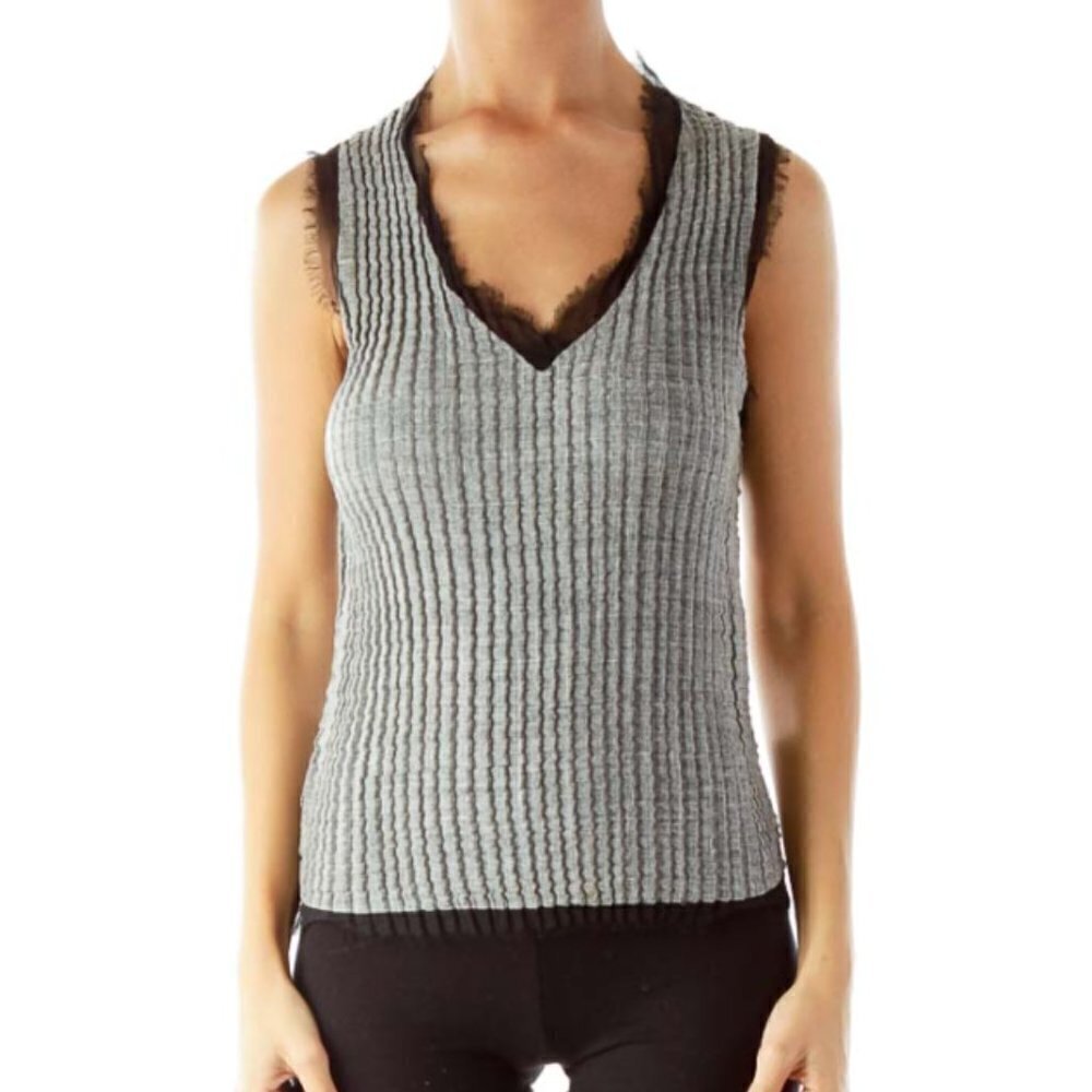 Poleci Gray Fitted Tank Top With Black Fringe